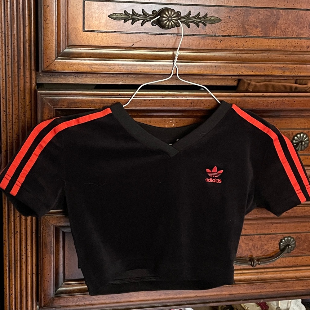 red and black velvet adidas crop top